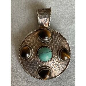 925 Sterling Silver Turquoise & Tiger Eye Gemstone Modernist Pendant Vintage